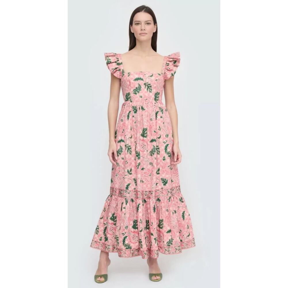 Hill House Home The Pippa Maxi Smocked Dress Rose Calico Trellis Floral Ruffle L - Picture 3 of 13